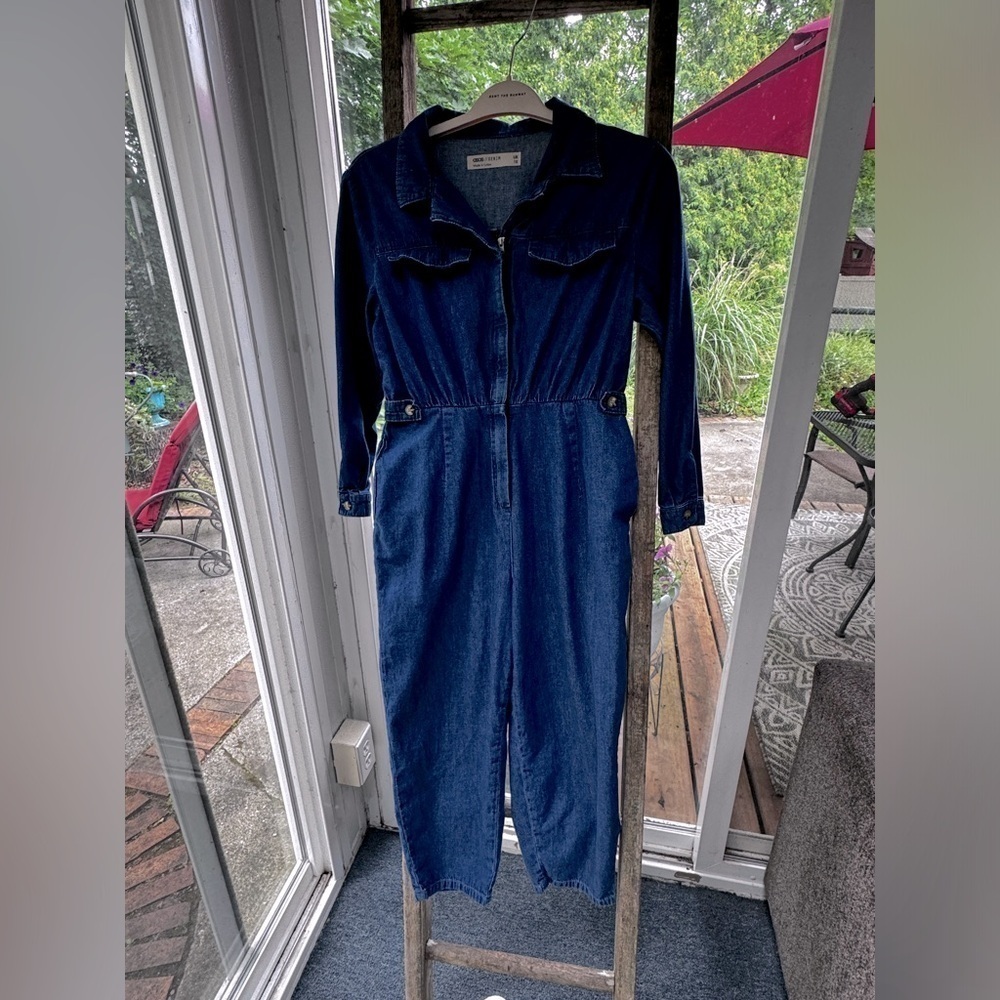 NWOT Rare ASOS Denim Jean Jumpsuit Romper with front zipper and button detail